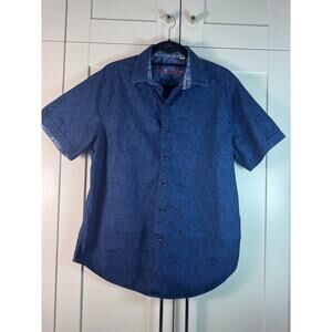 Robert Graham Men’s L Floral Cotton Button-Up Shirt Blue Short Sleeve